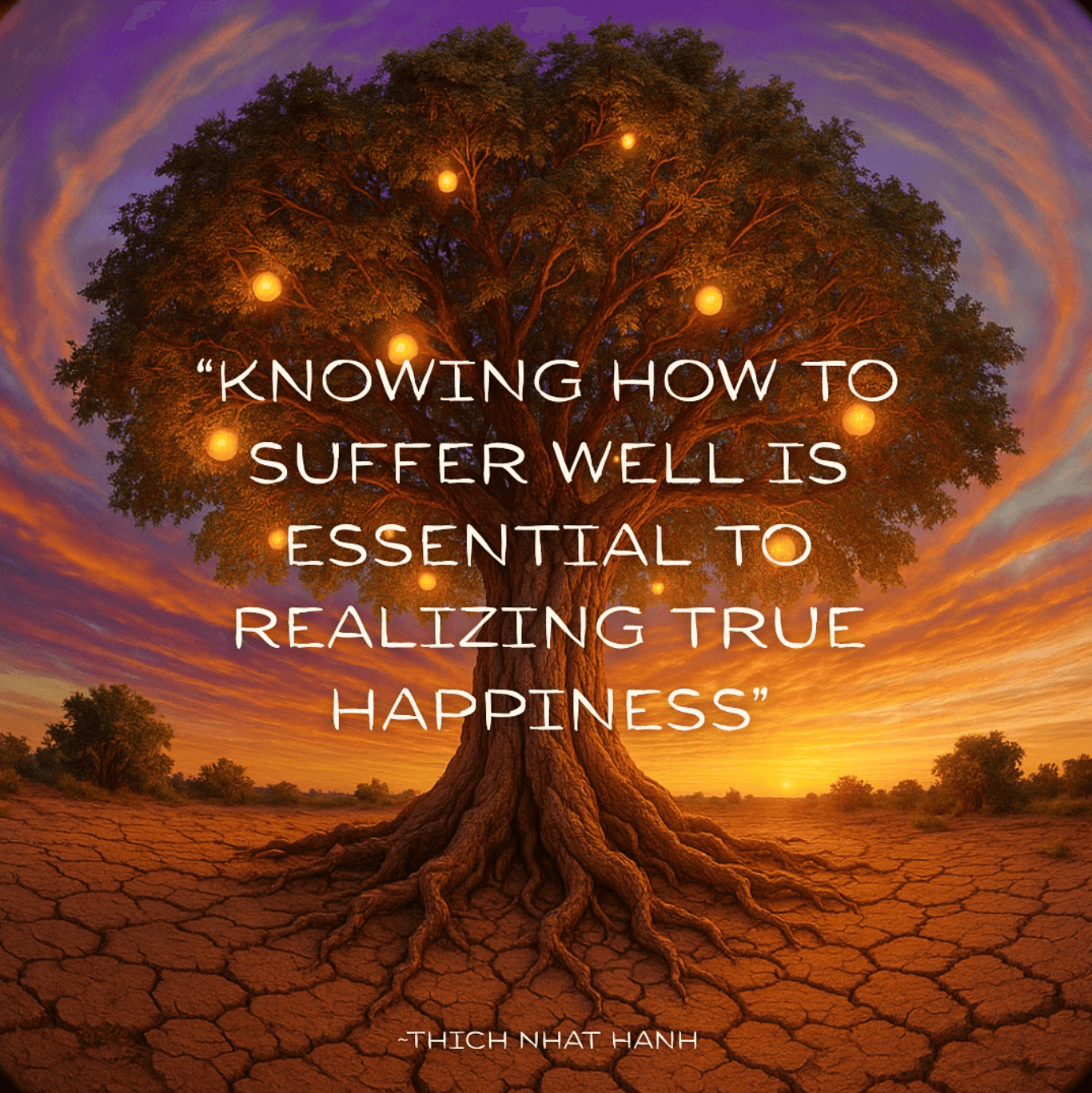 Bardo Café Book Club quote image from Thich Nhat Hanh’s No Mud, No Lotus, showing a glowing tree and reflection on transforming suffering.