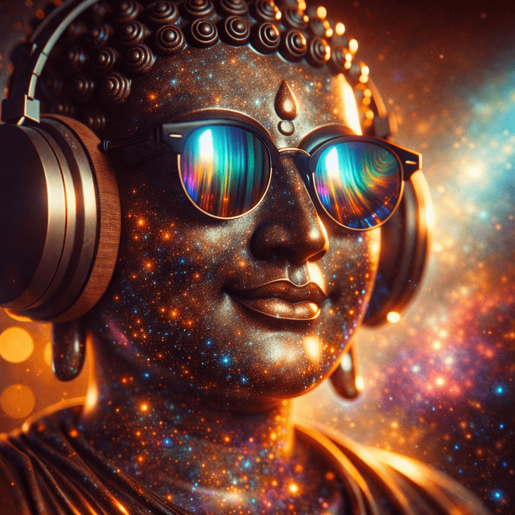 Bardo Café cosmic wisdom image with a serene Buddha-like face, headphones, sunglasses, and a luminous star-filled background.