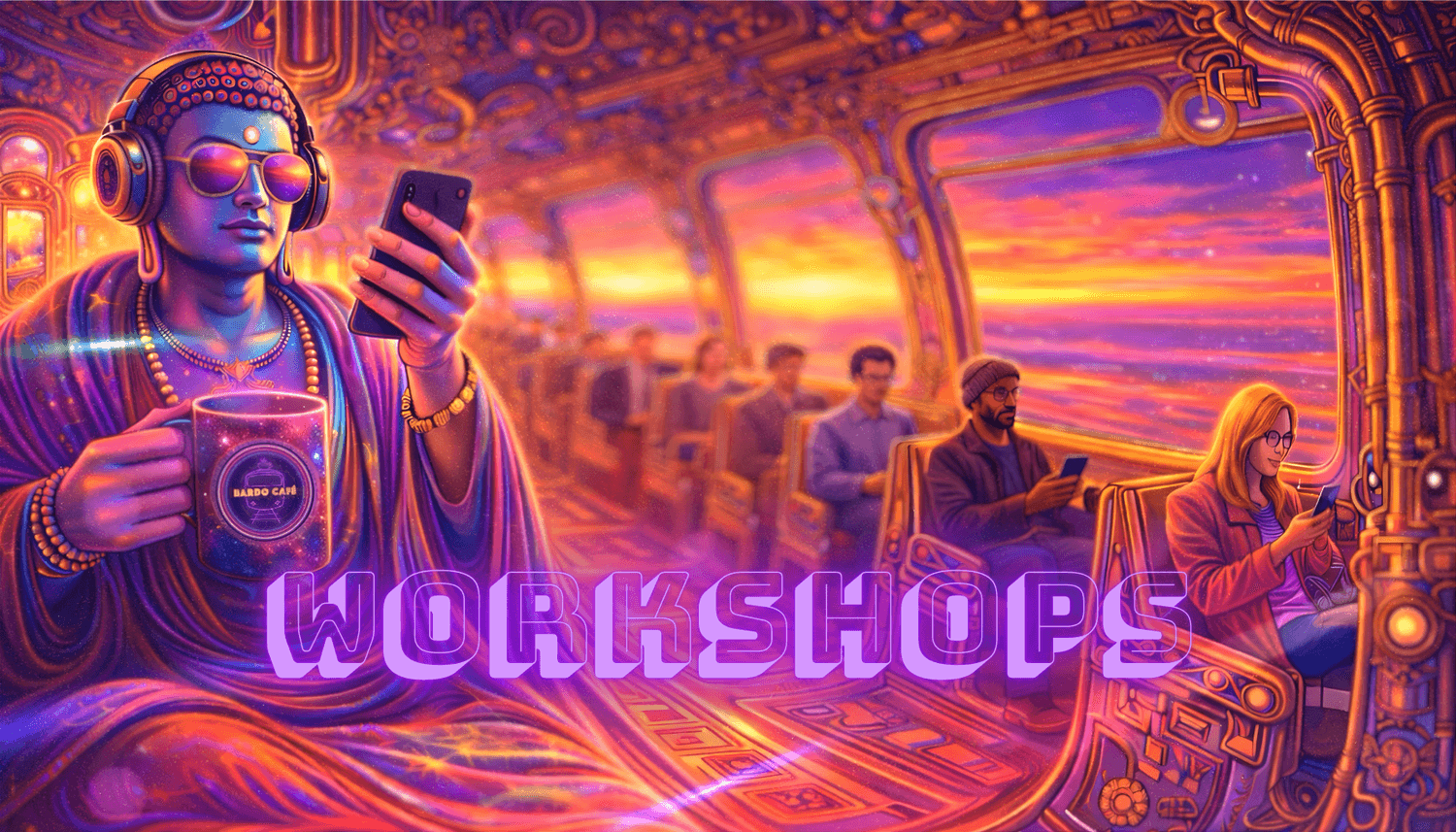 Synthwave Bardo Café workshop image showing a Buddha-like figure with headphones, passengers on phones, and a glowing sunset train scene with “Workshop” text.