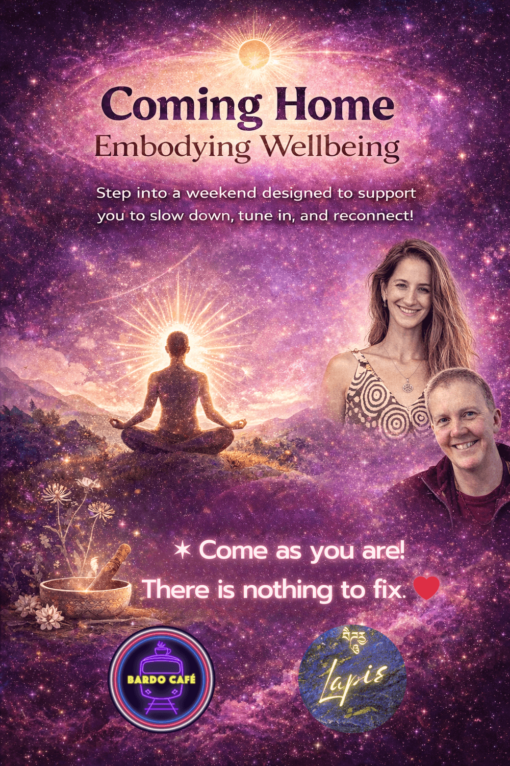 Bardo Café Coming Home workshop image promoting embodied wellbeing, meditation, somatic practice, and reconnection under a purple starry sky.