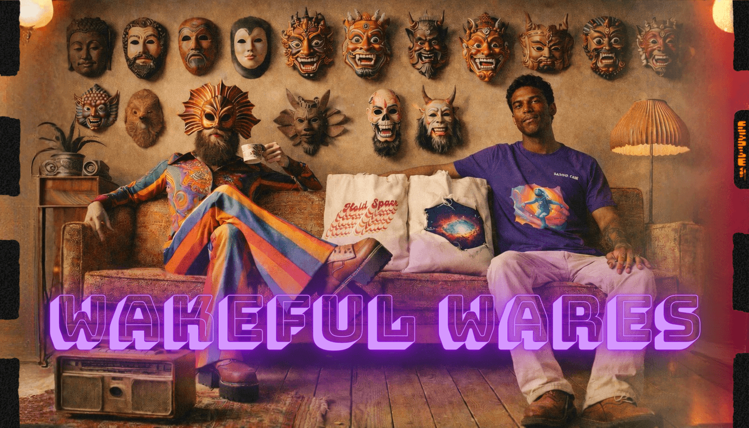 Bardo Café Wakeful Wares image with mindful merch, tote bags, T-shirts, masks, and two people seated in a warm vintage room with neon purple text.