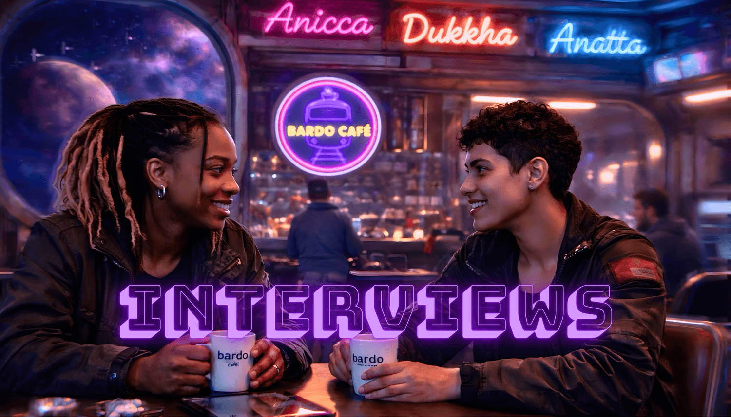 Bardo Café Interviews image with two people sharing coffee in a neon cosmic café, exploring Anicca, Dukkha, and Anatta.
