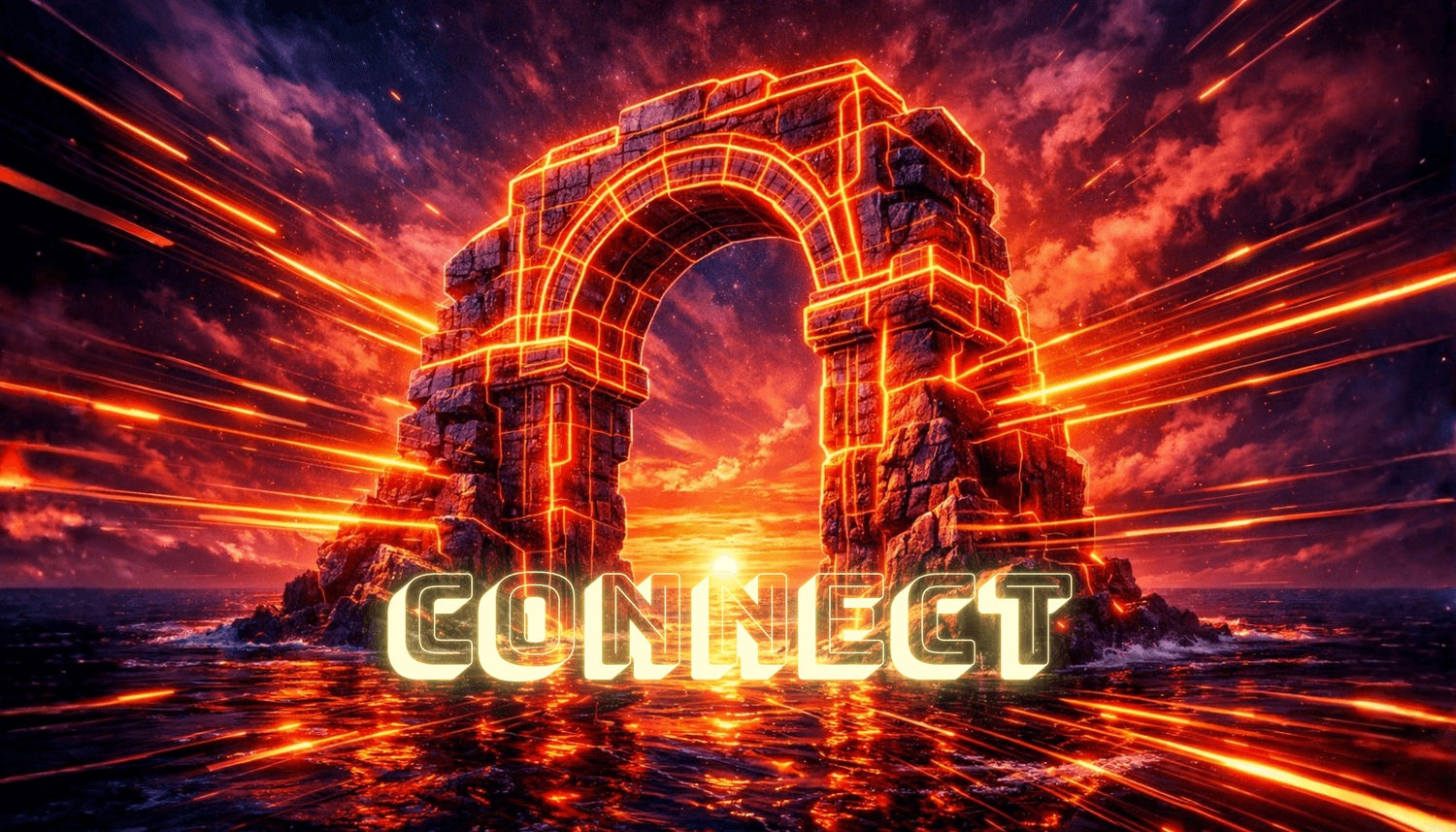 Surreal Bardo Café Contact image with a neon-lit stone gateway over the sea, glowing sunset sky, and bright “Contact” text.