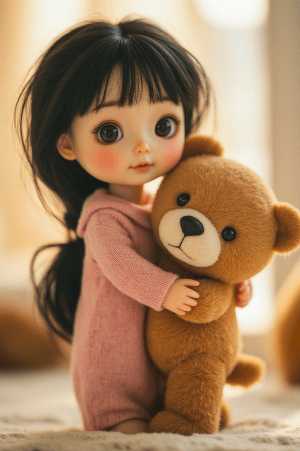 Aiko hugging a soft teddy bear in a warm, cozy miniature scene.