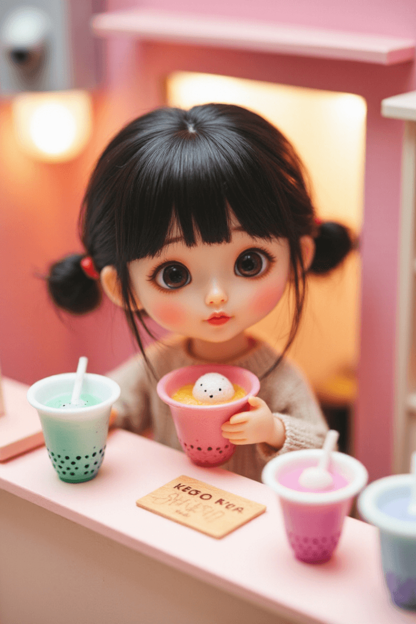 Aiko behind a tiny counter serving colorful bubble tea drinks in a miniature shop setup.