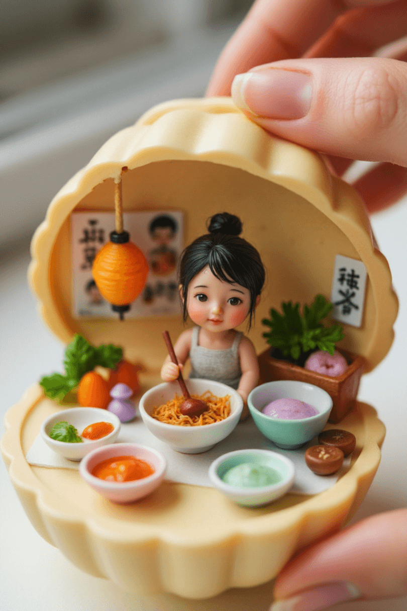 Tiny food stall with Aiko sitting at a miniature table with noodles, dumplings and warm lantern light.