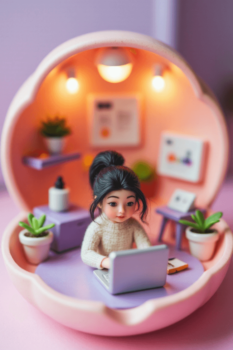 Miniature scene of Aiko working on a tiny laptop inside a cozy shell‑shaped workspace.