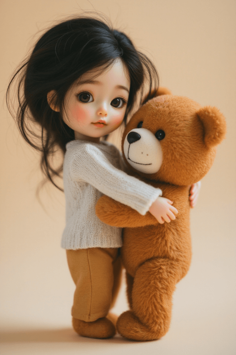 Aiko hugging a soft teddy bear in a warm, cozy miniature scene.