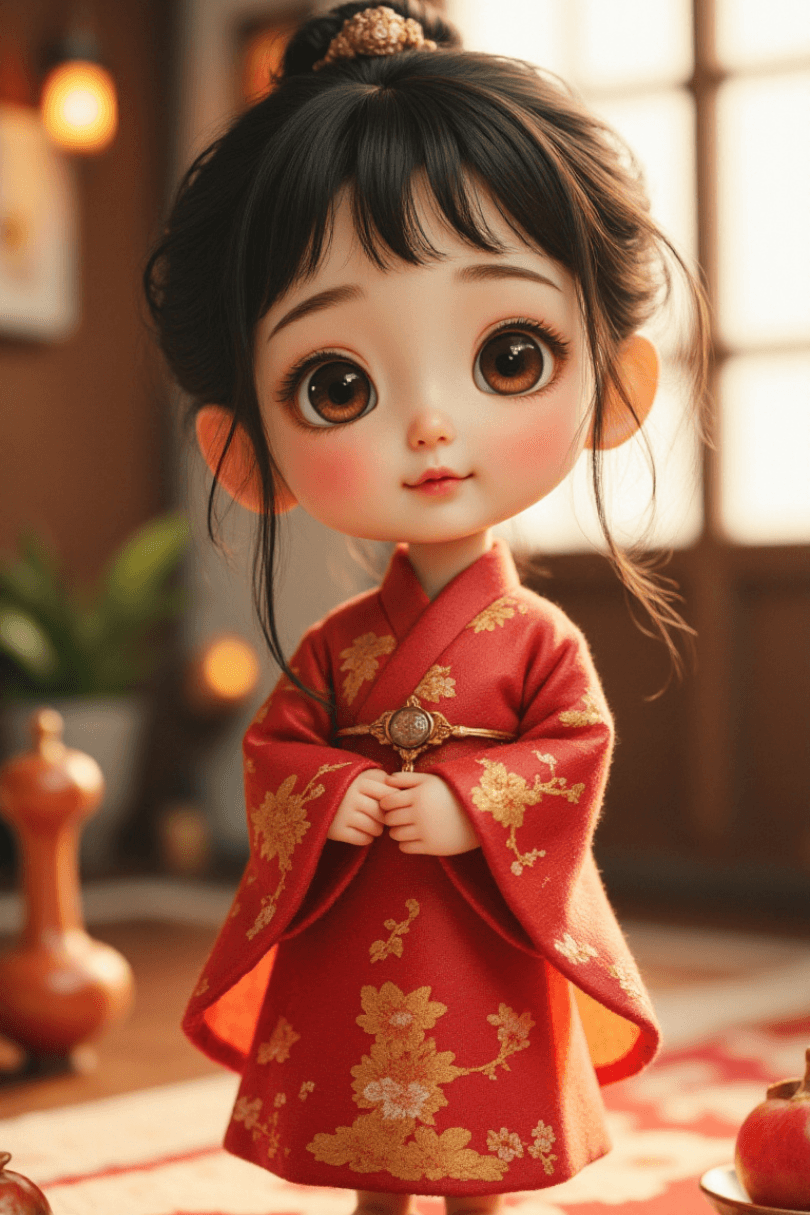 Aiko wearing a traditional kimono in a softly lit miniature room with warm colors.