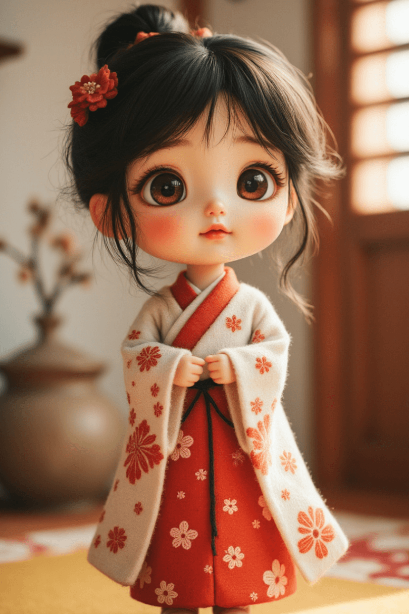 Aiko wearing a traditional kimono in a softly lit miniature room with warm colors.