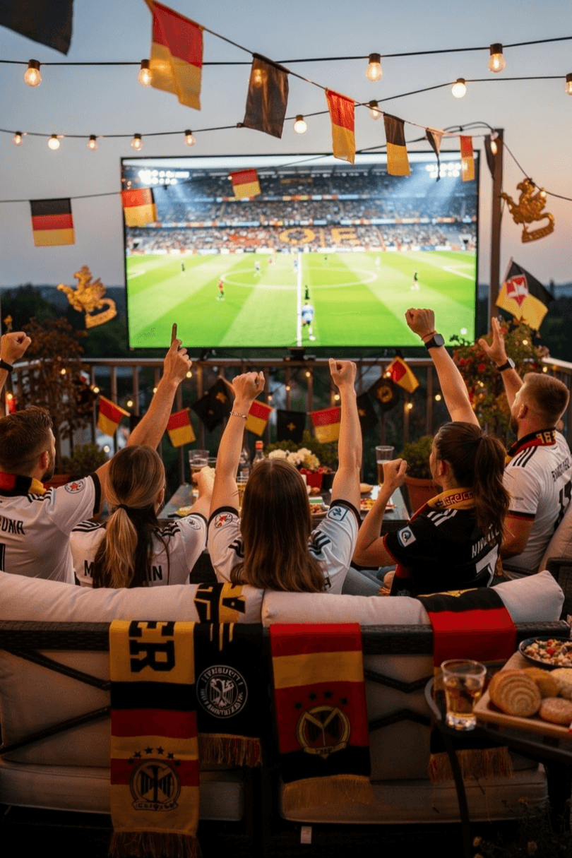 Group of friends enjoying a football match outdoors with cozy matchday vibes
