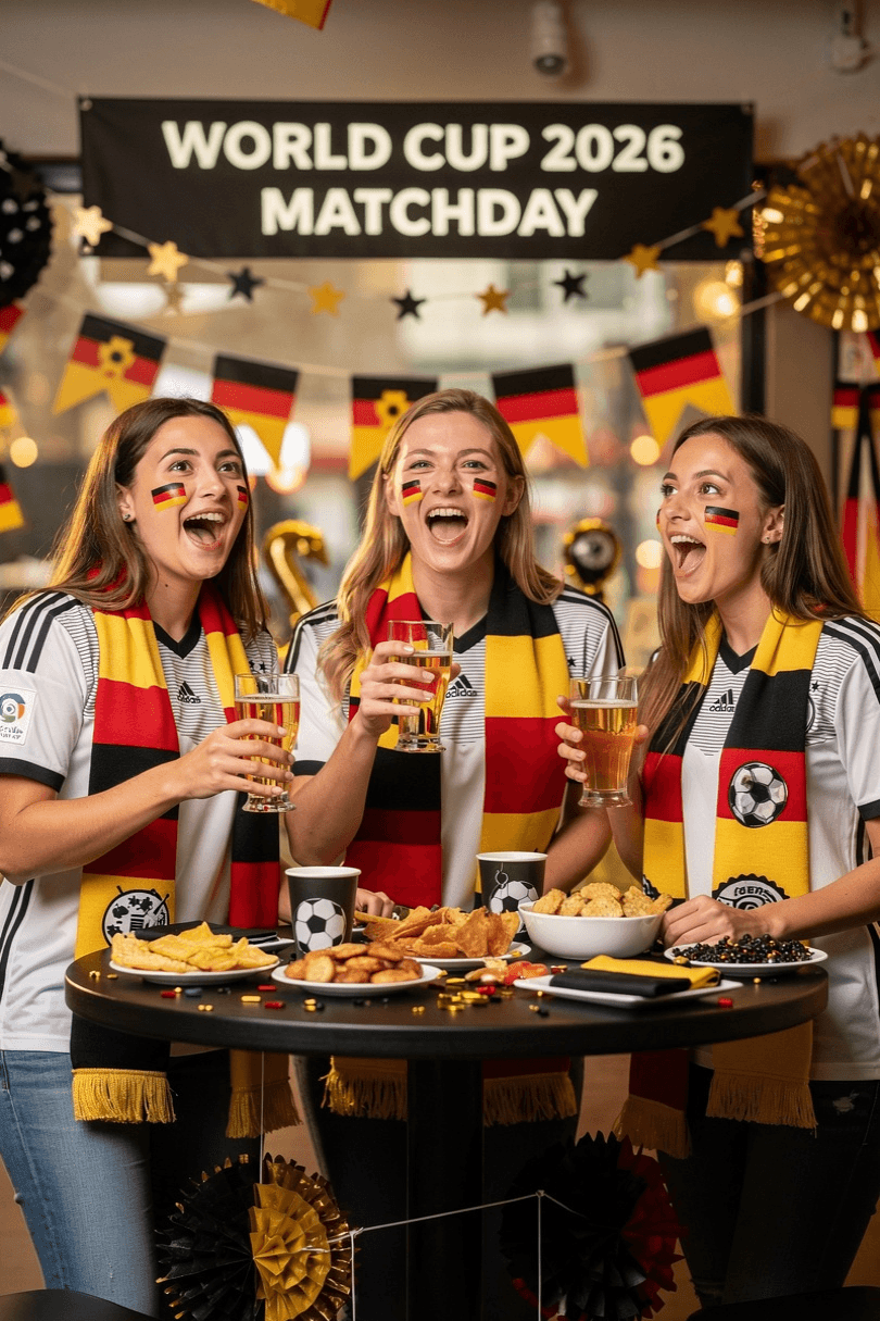 Three friends toasting and cheering at a matchday standing table with snacks and fan decorations