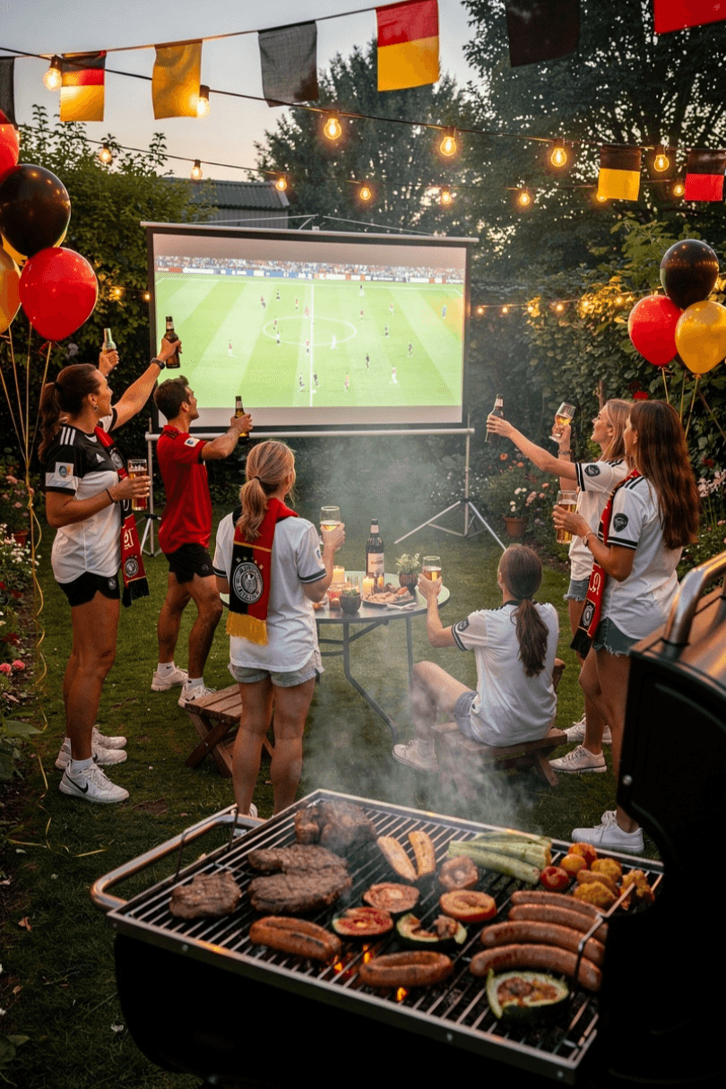 People watching a football match in a decorated garden while a grill smokes with meat below