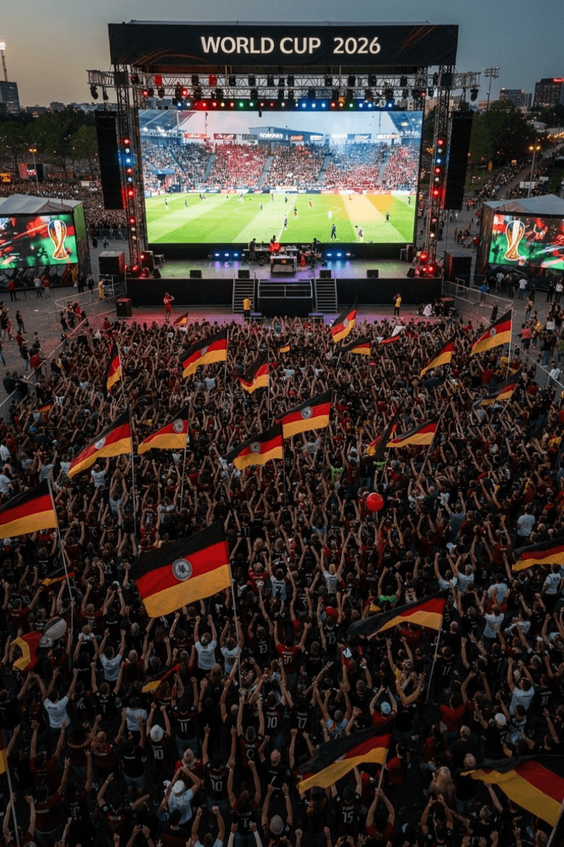Football fans gathered at a big‑screen public viewing, waving flags in the evening light