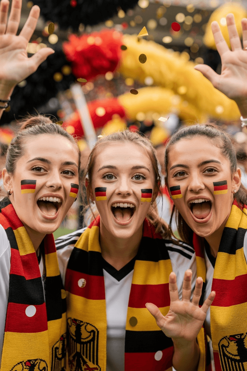Close‑up of three fan‑painted women with matchday decor above and below