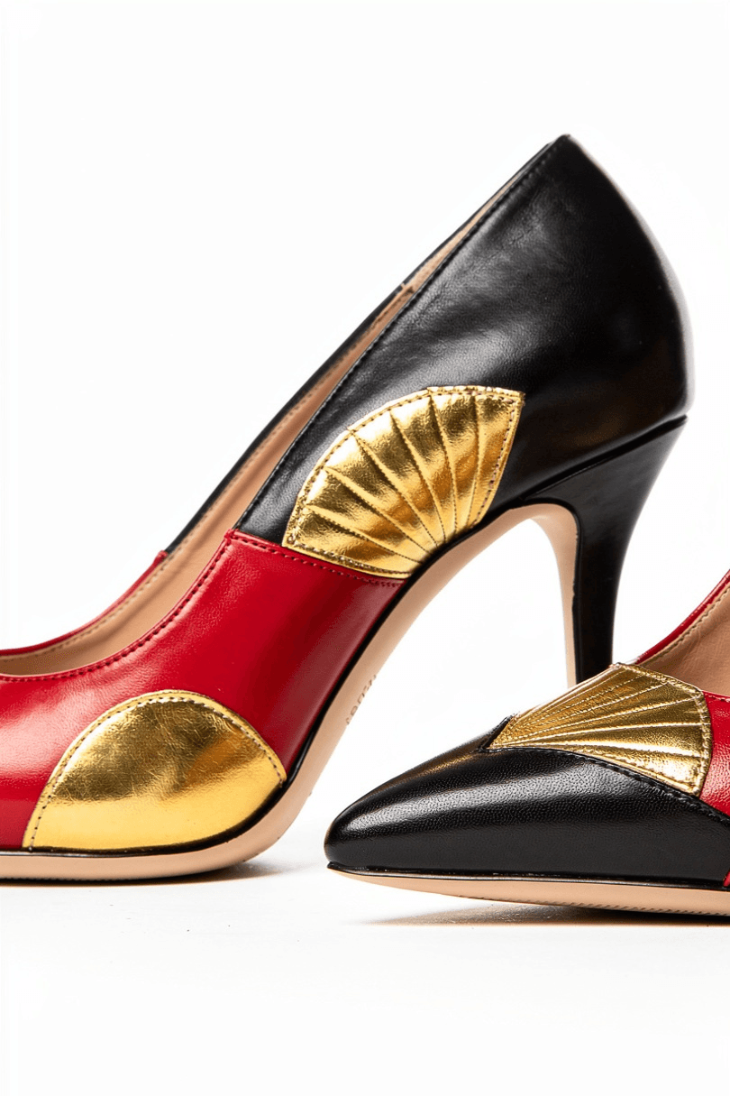 Elegant high‑heeled pumps in black, red and gold with geometric fan‑shaped metallic accents.