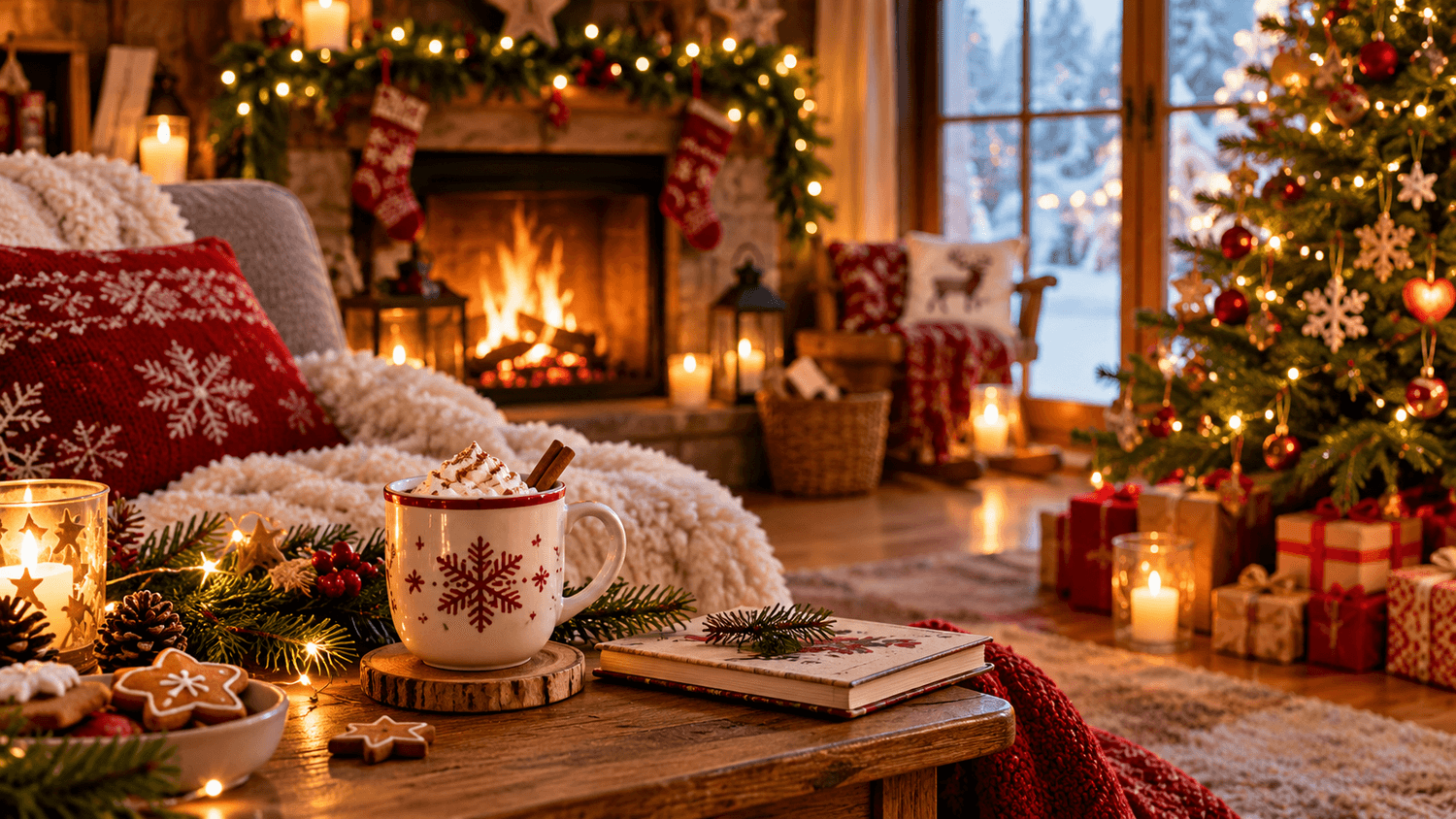 Cozy Christmas living room with fireplace, decorated tree, warm lights, stockings, candles, and a festive coffee table setup