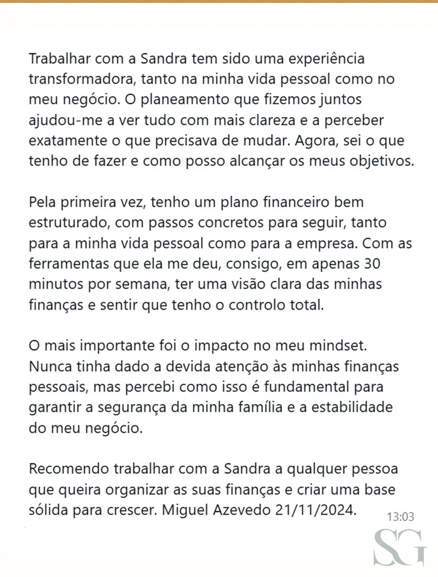Testemunho de cliente de mentoria com Sandra Góis