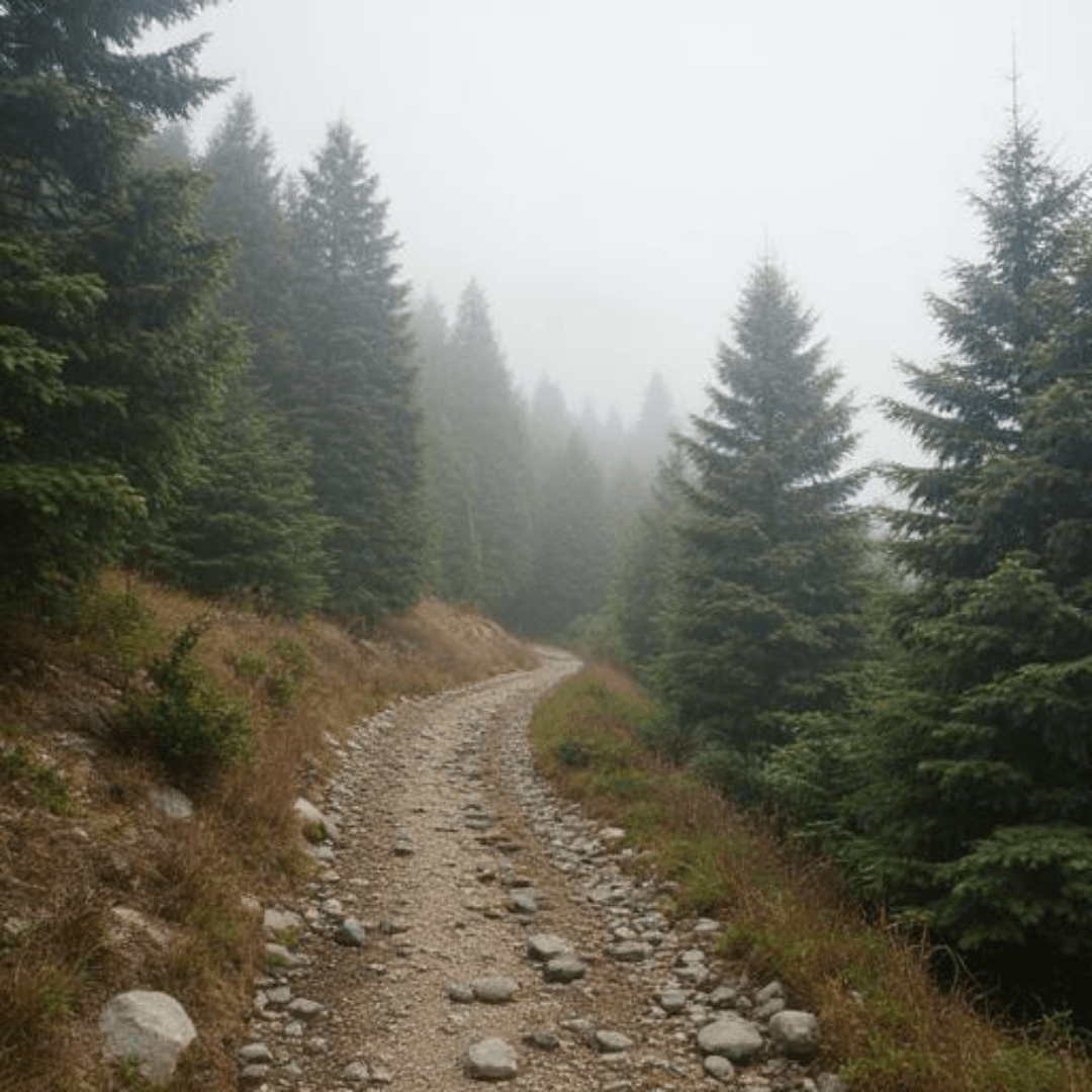 chemin sinueux dans la montagne et dans le brouillard symbolisant l'élévation et le cheminement hypnotique