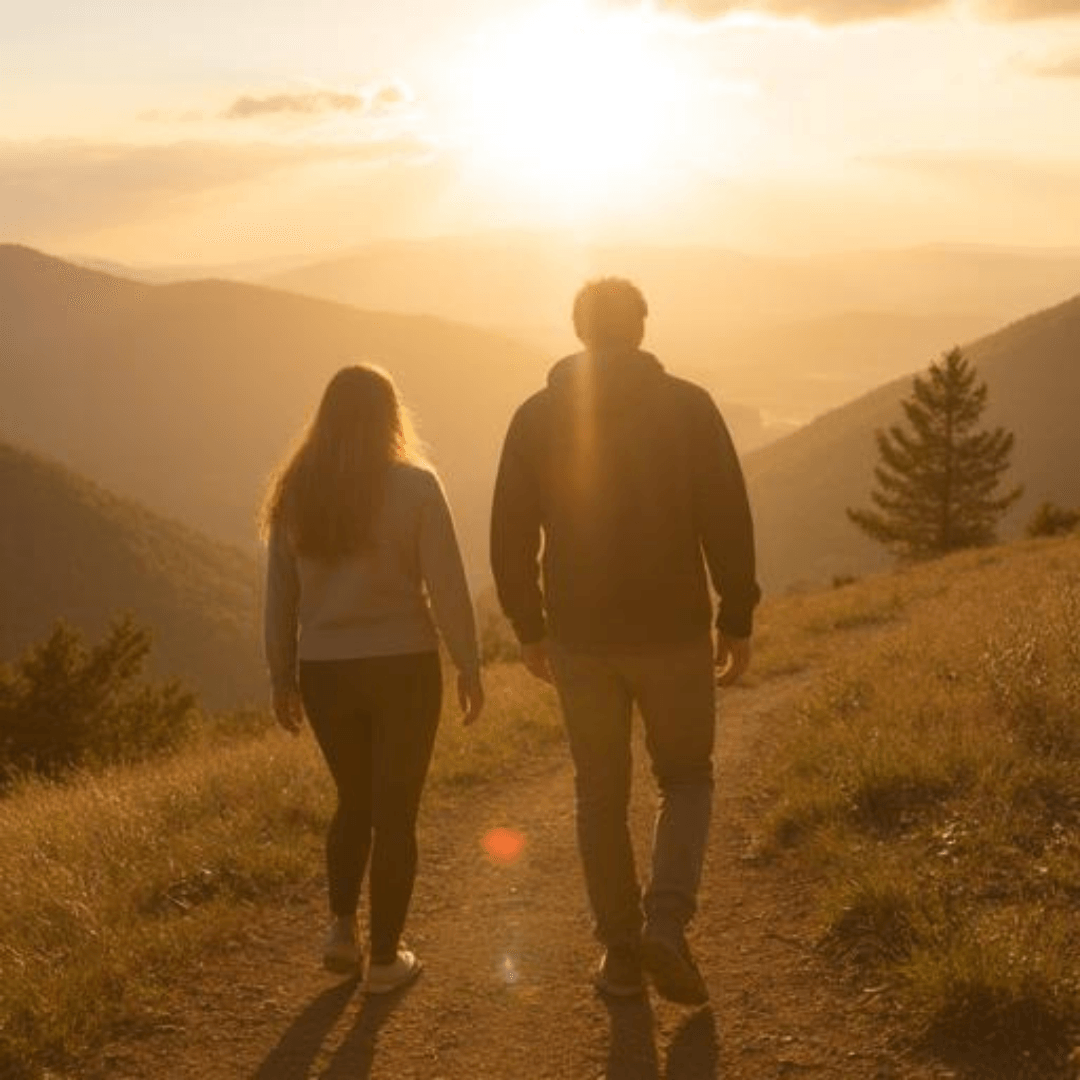 un couple marchant côte à côte sur un chemin de montagne, dans une lumière douce et dorée, symbolisant l'élévation, la bonne entente, une communication efficace, sereine, équilibrée et durable