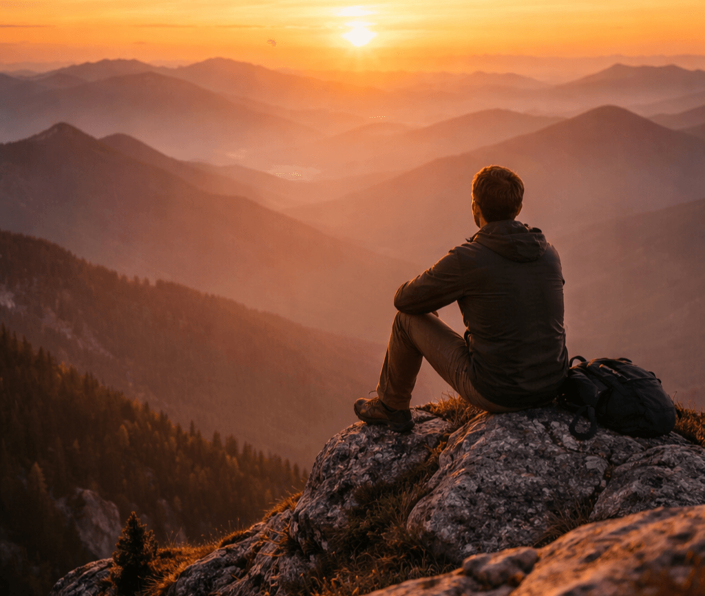 Homme en haut d’une montagne symbolisant le dépassement des épreuves et la recherche de sérénité