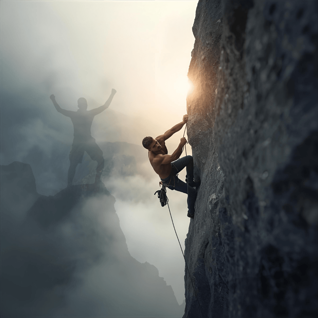 Homme en haut d’une montagne symbolisant le dépassement des épreuves et la recherche de sérénité