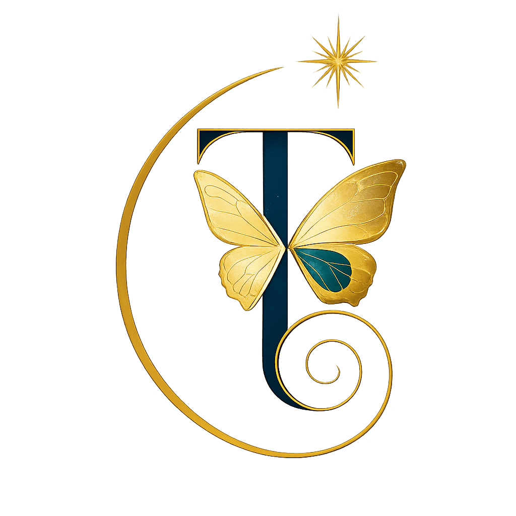 Logo original TransformAcción Consciente, mariposa dorada sobre una T azul con estrella