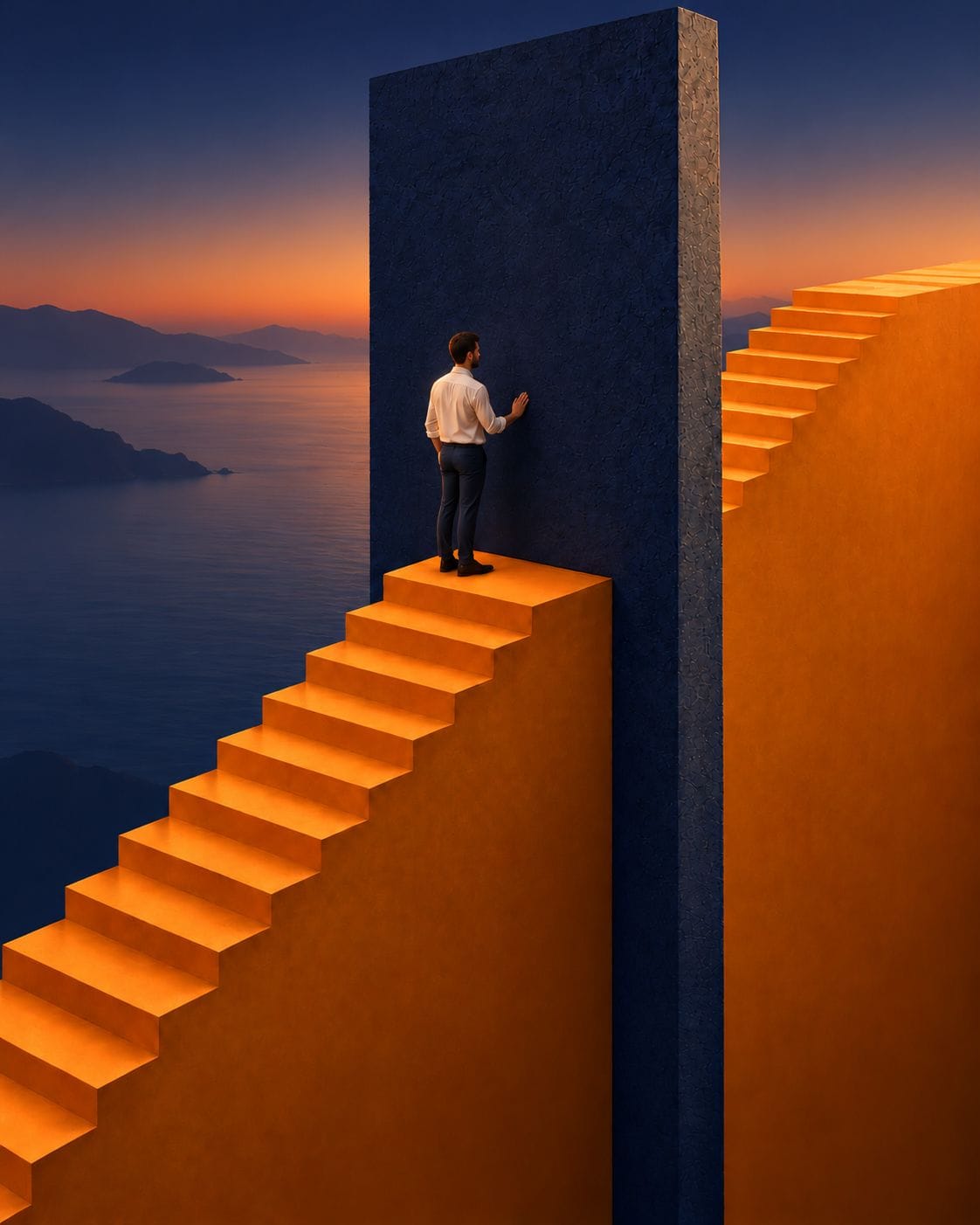 A man at the top of an orange staircase, stopped by a tall navy wall, while the stairs continue on the other side