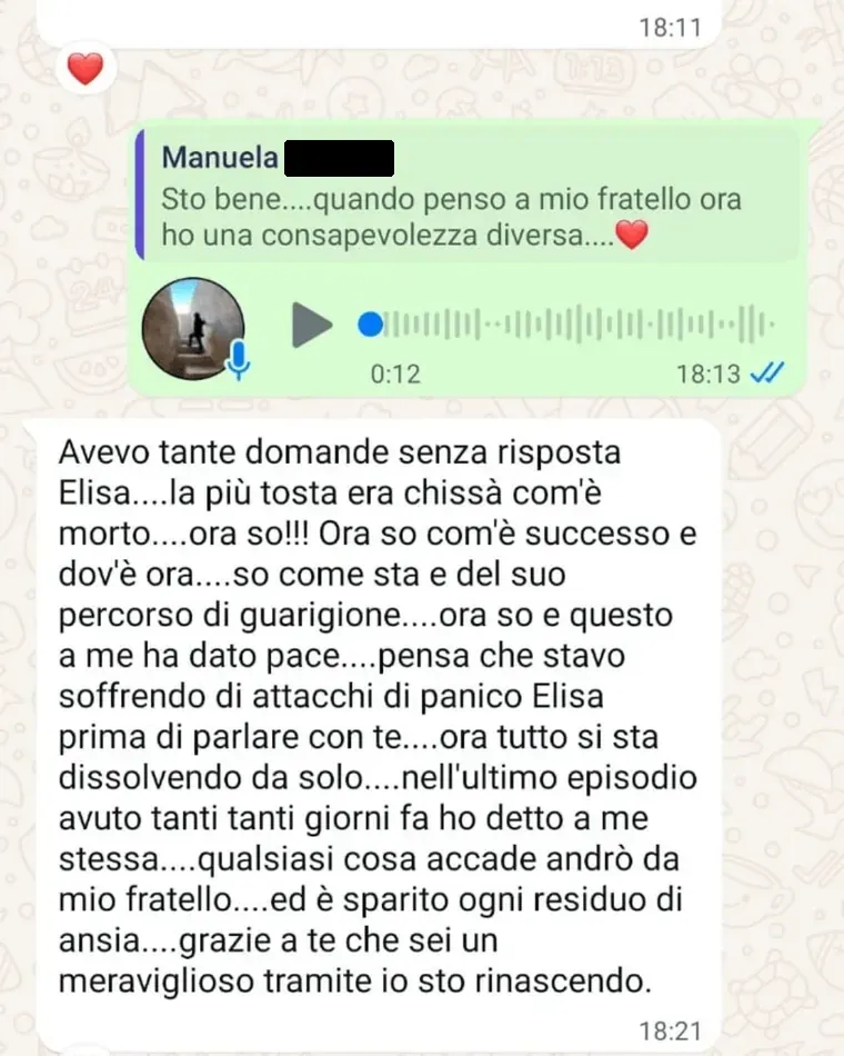 Screenshot del messaggio di Manuela