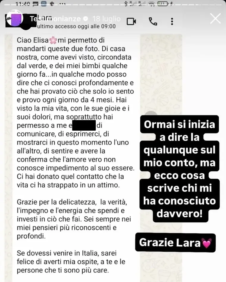 Screenshot del messaggio di Lara