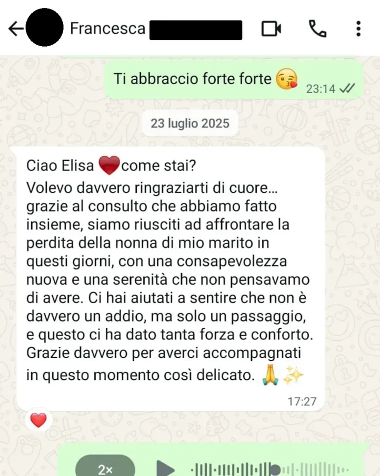 Screenshot del messaggio di Francesca