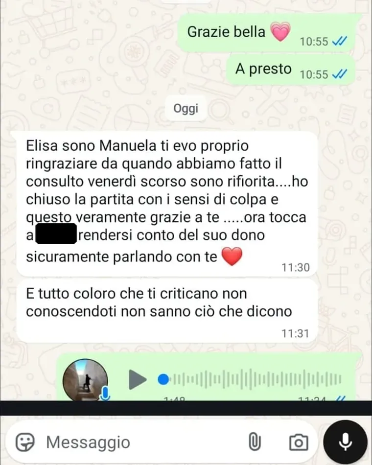 Screenshot del messaggio di Manuela