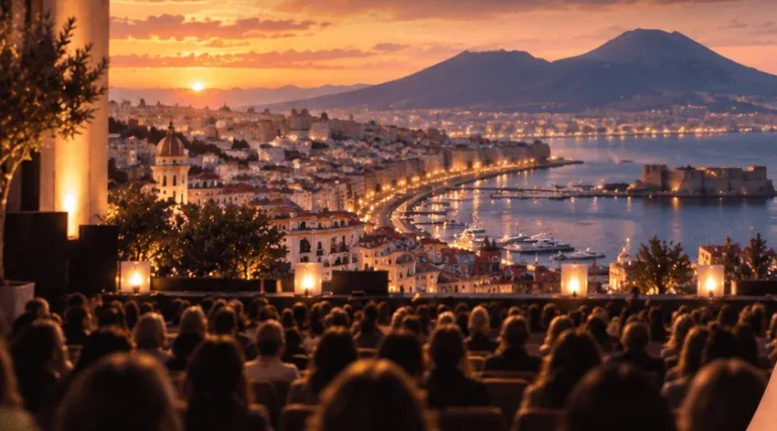 Il golfo di Napoli con il Vesuvio al tramonto, dalla locandina dell’evento dal vivo di Elisa Soul Medium