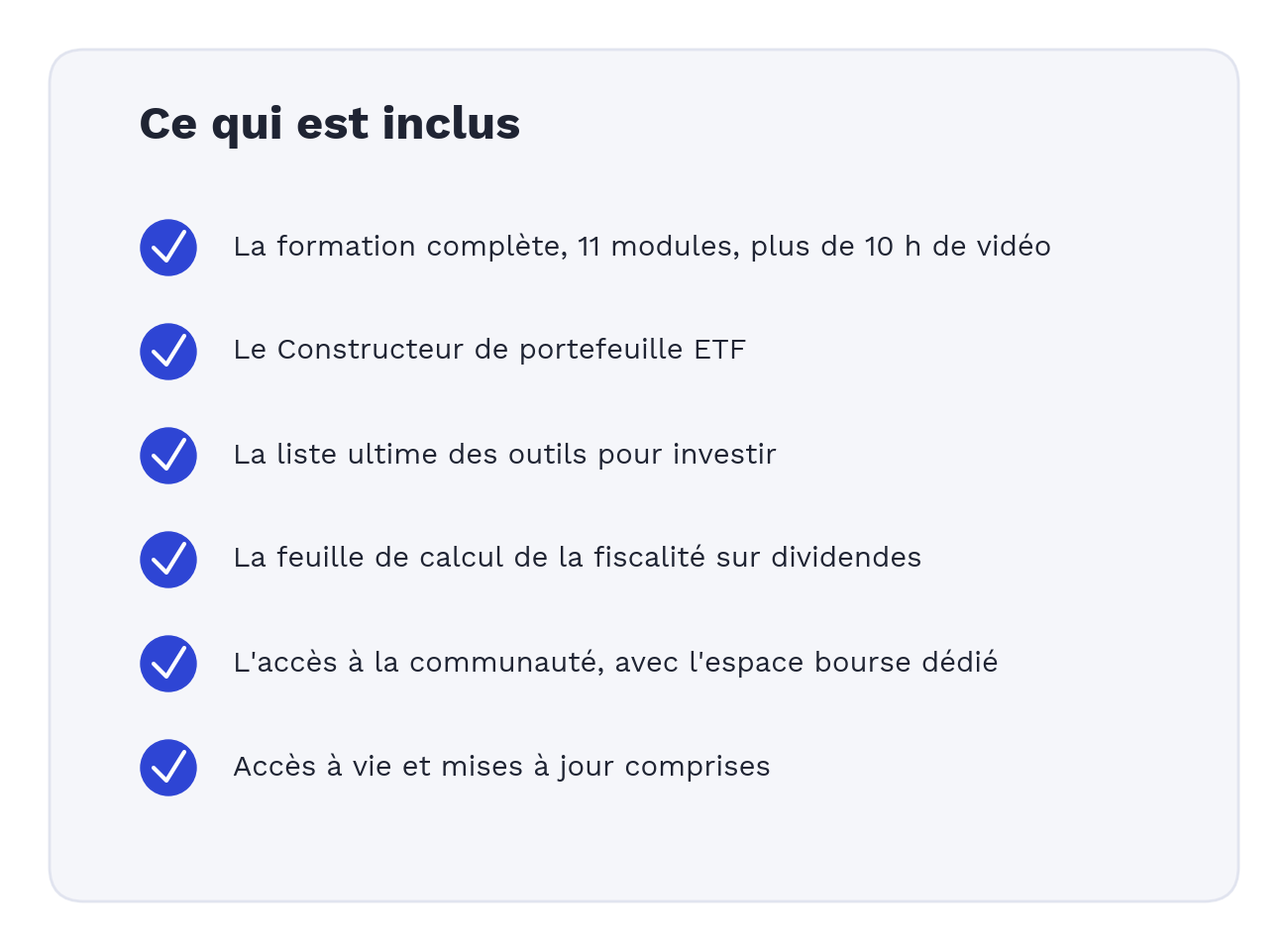 Formation : modules vidéo, outils ETF, fiscalité, communauté