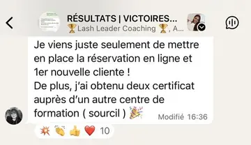 Message d'une élève : première cliente avec la réservation en ligne