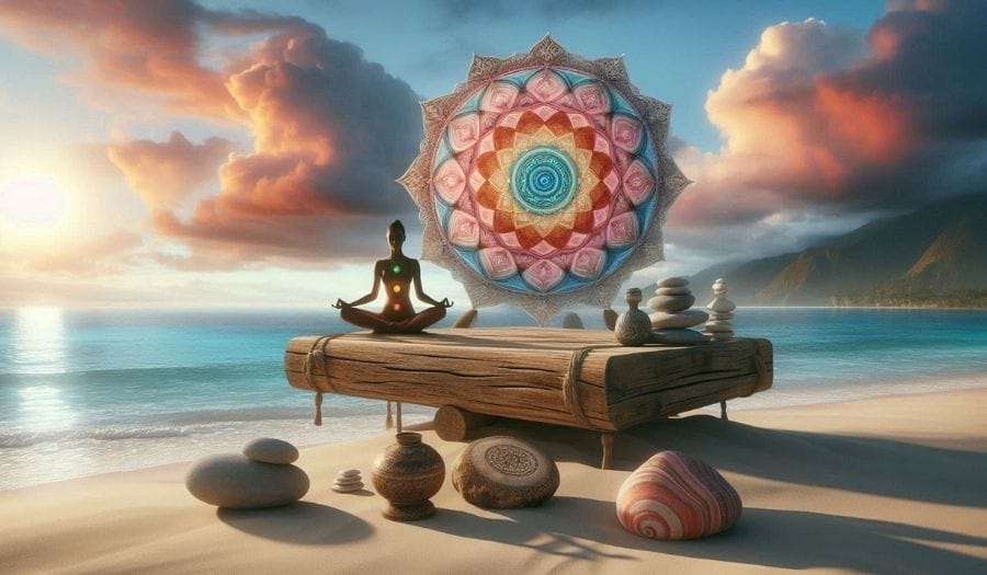 A serene wellness retreat with chakra meditation session in progress, promoting inner peace and balance.