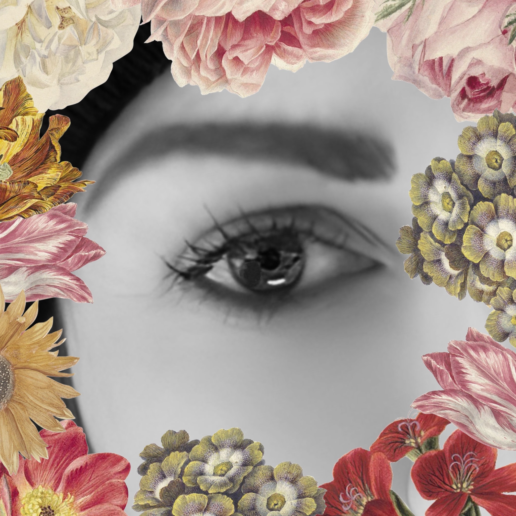 Oeil de femme en noir et blanc, entouré d'illustrations de fleurs en couleur.