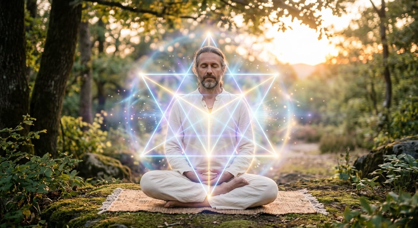 image d'un homme assis en posture méditative, une étoile tétraédrique lumineuse entoure son corps, il active son Merkaba