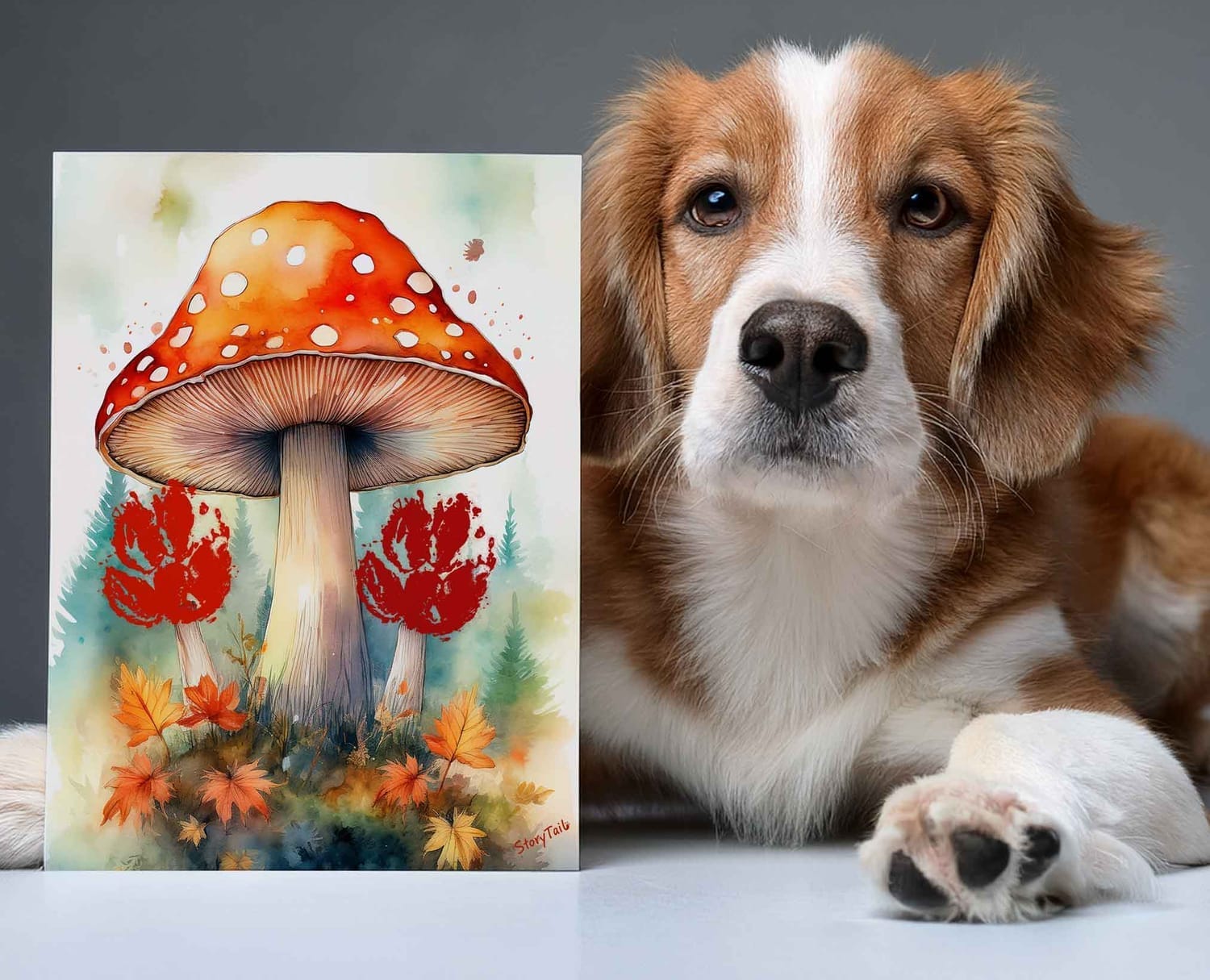 Dog holding Pawsome Memories autumn woodland mushrooms wall art template