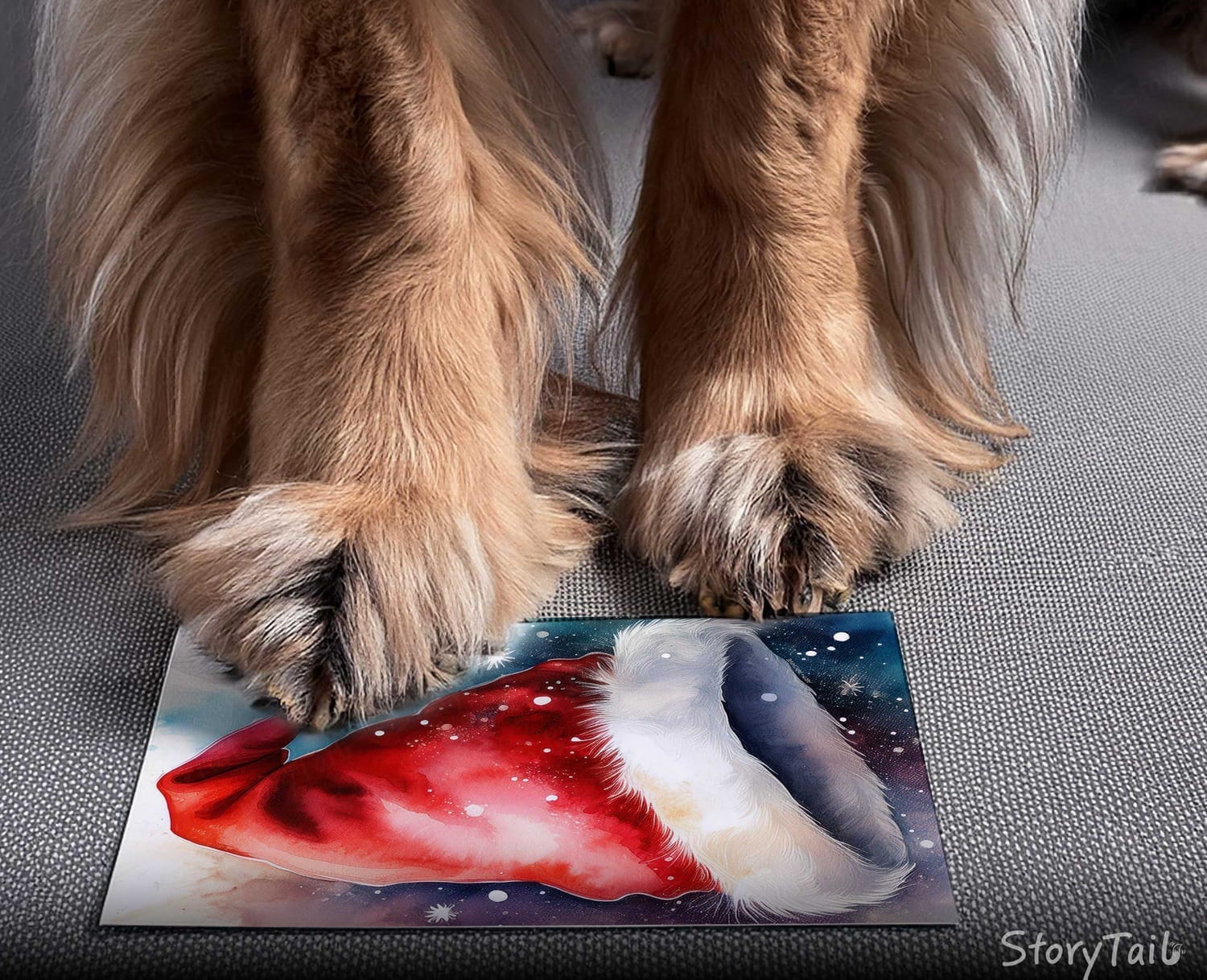 Dog pressing paw on "Santa Hat" Pawsome Greetings™️ card template by StoryTail