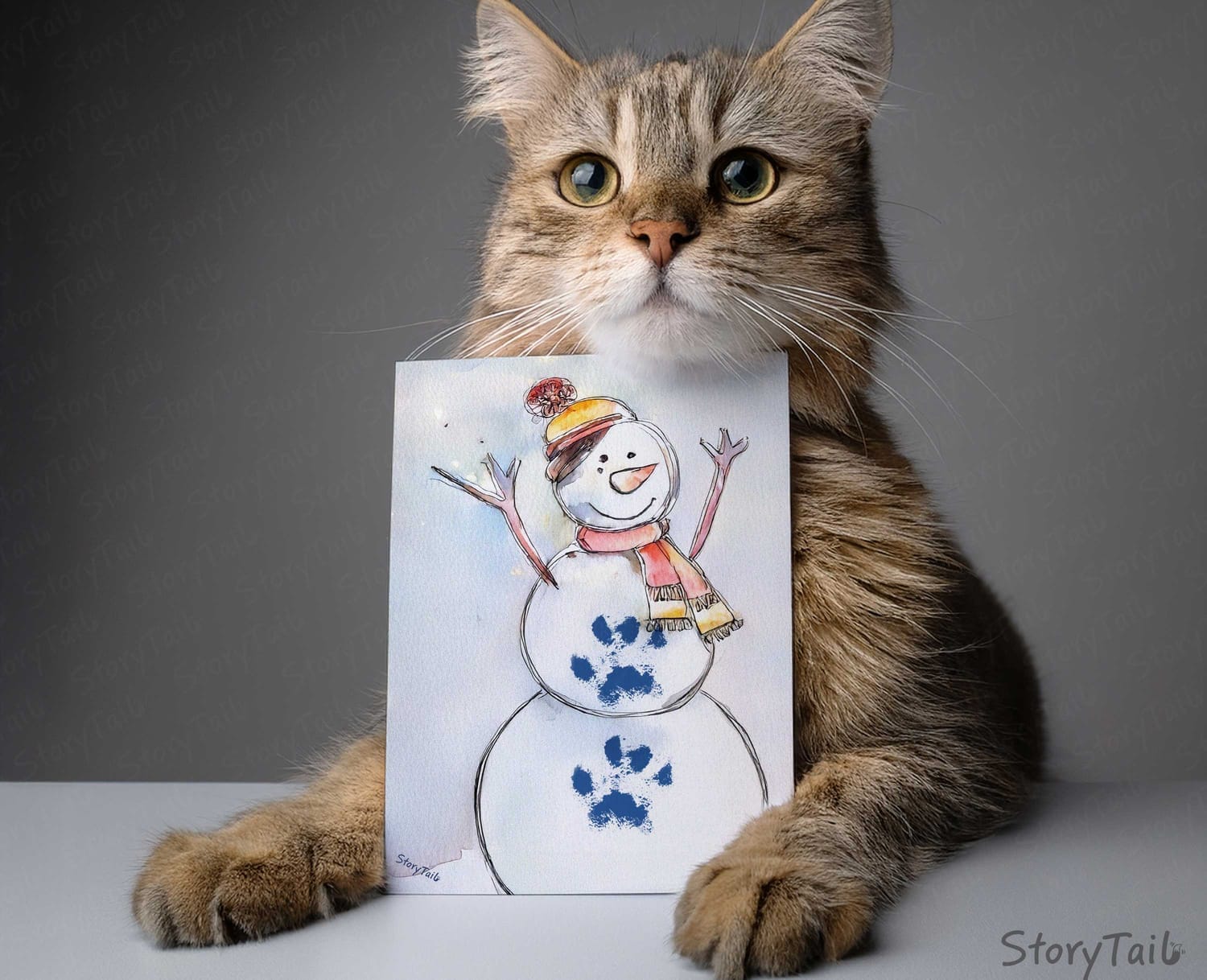 Cat with the "Snowman" Pawsome Greetings™️ card template by StoryTail 
