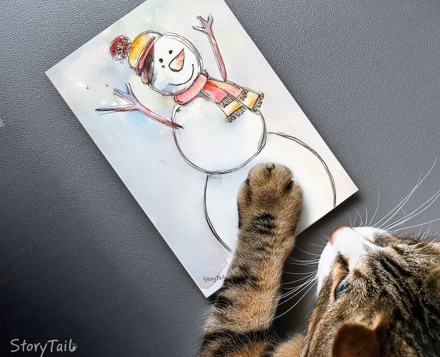 Cat pressing paw on "Snowman" Pawsome Greetings™️ card template by StoryTail 
