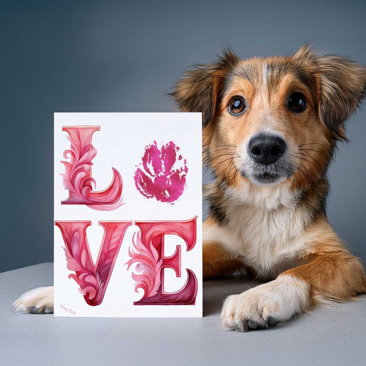 Dog holding Pawsome Greetings spring butterfly paw print card template