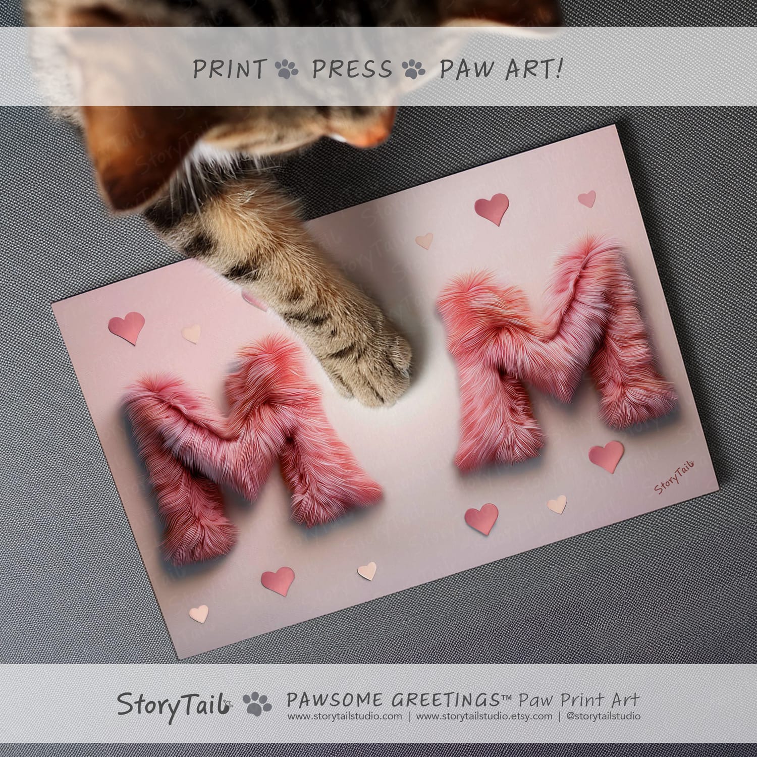 Pawsome Greetings Pink Hearts Paw Print Card Template for Pet Mom by StoryTail