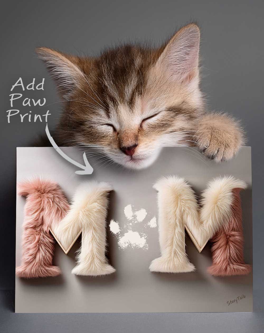Kitten sleeping with a furry MOM Pawsome Greetings paw print card template by StoryTail