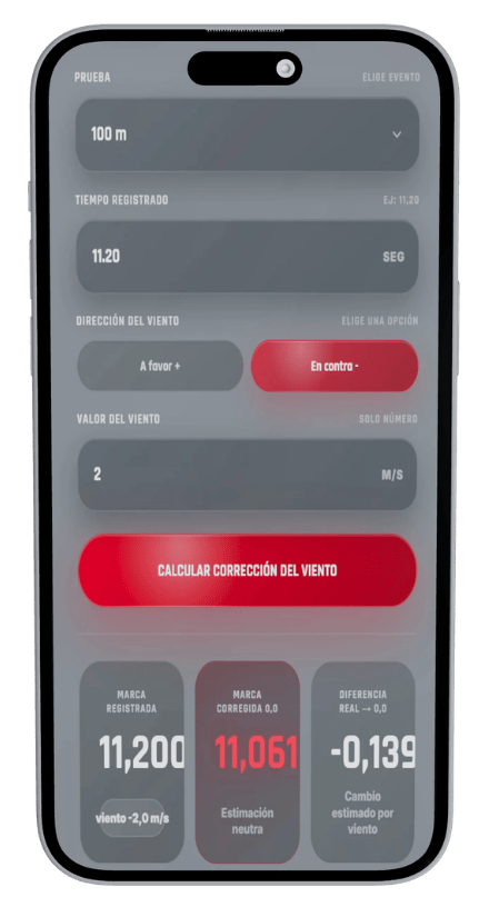 Mockup de la calculadora de corrección del viento Potenciatletica