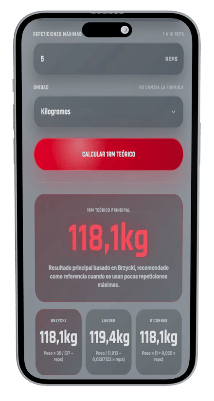Mockup de la calculadora de 1RM indirecto Potenciatletica