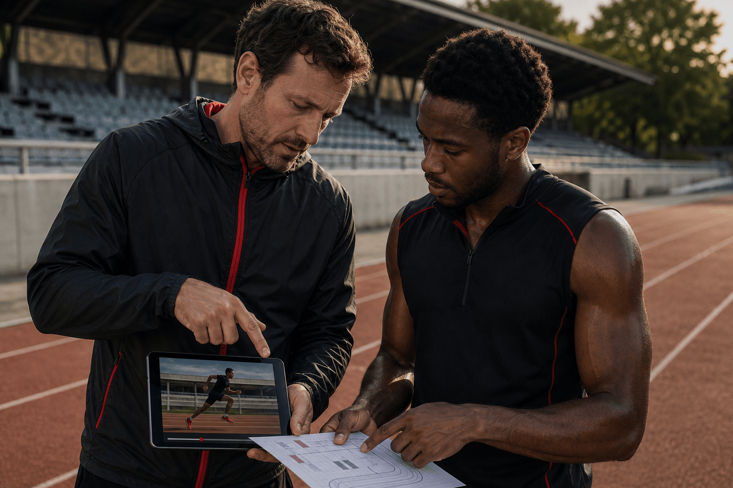 Entrenador y atleta revisan una carrera grabada en pista