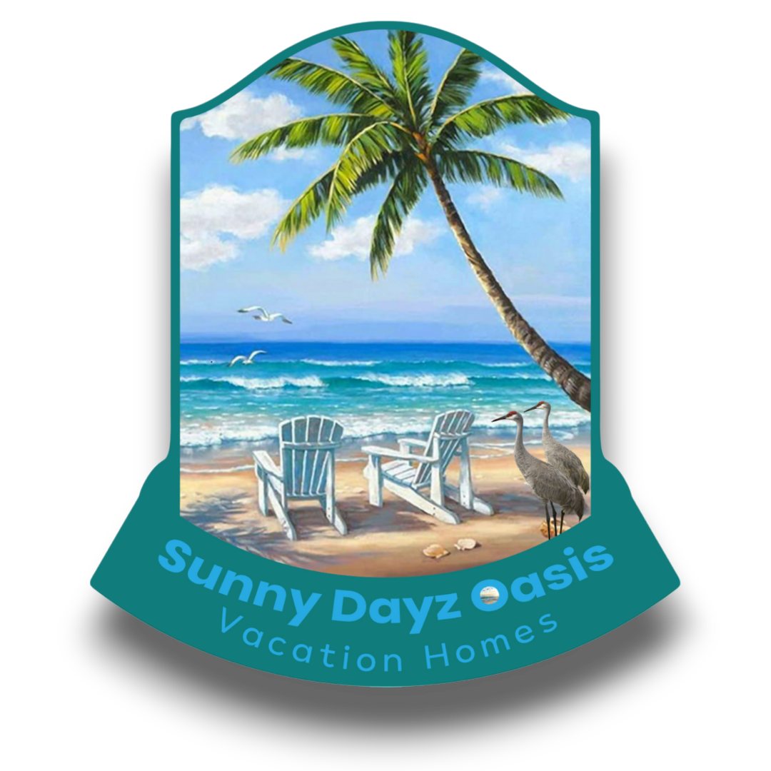 Company logo for Sunny Dayz Oasis that has a sea green outline and blue text that says 'Sunny Dayz Oasis - Vacation Homes' with a drawn picture of the beach with a palm tree
