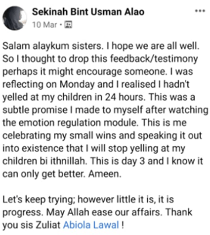Screenshot of a message from a Liamanah mum sharing her result